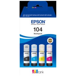 Epson 104 EcoTank 4-colour Multipack | Epson Multipack nero / ciano / magenta / giallo C13T00P640 104 | Epson 104 EcoTank 4-colour Multipack. Colori di stampa: Nero, Ciano, Magenta, Giallo, Compatibilit&agrave; marca: Epson, Compatibilit&agrave;: EcoTank ET-2715 EcoTank ET-2714 EcoTank ET-2712 EcoTank ET-2711 EcoTank ET-2710 Unlimited EcoTank.... Quantit&agrave; per pacco: 1 pz, Larghezza imballo: 95 mm, Profondit&agrave; imballo: 98 mm. Lunghezza del cartone principale: 480 mm, Larghezza scatola principale: 310 mm, Altezza scatola principale: 150 mm