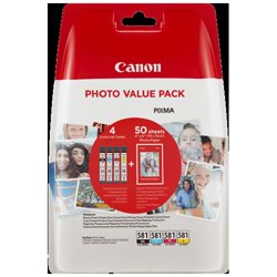 Canon Confezione multipla cartucce d'inchiostro CLI-581 BK/C/M/Y + carta fotografica | Canon Confezione multipla cartucce d'inchiostro CLI-581 BK/C/M/Y + carta fotografica. Volume dell'inchiostro nero: 5,6 ml, Tipo di fornitura: Confezione multipla, Volume dell'inchiostro a colori: 5,6 ml | Codici OEM: cli581 photo, CLI-581 Photo