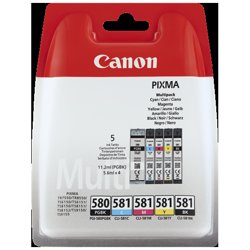 Canon Confezione multipla di inchiostri PGI-580BK/CLI-581 BK/C/M/Y | Canon Confezione multipla di inchiostri PGI-580BK/CLI-581 BK/C/M/Y. Tipo di cartuccia: Resa standard, Volume dell'inchiostro nero: 11,2 ml, Tipo di fornitura: Confezione multipla, Volume dell'inchiostro a colori: 5,6 ml, Quantit&agrave; per pacco: 5 pz | Codici OEM: pgi580 + cli581, PGI-580 + CLI-581